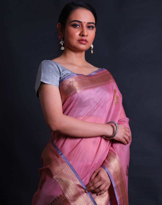 The pink Banarasi handloom cotton saree with antique zari buttis all over the drape sounds exquisite,- BSK010732