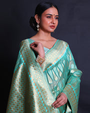 A green blended saree features beige thread buttis scattered elegantly across the drape, - BLN01078