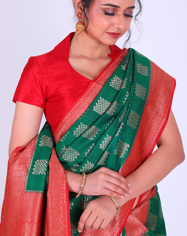 Soft Tussar Bottle Green Handloom Saree with Zari weaving all over sounds stunning - BSK010659