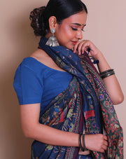 The dark blue blended saree with Madhubani print, thread, - BLN01549