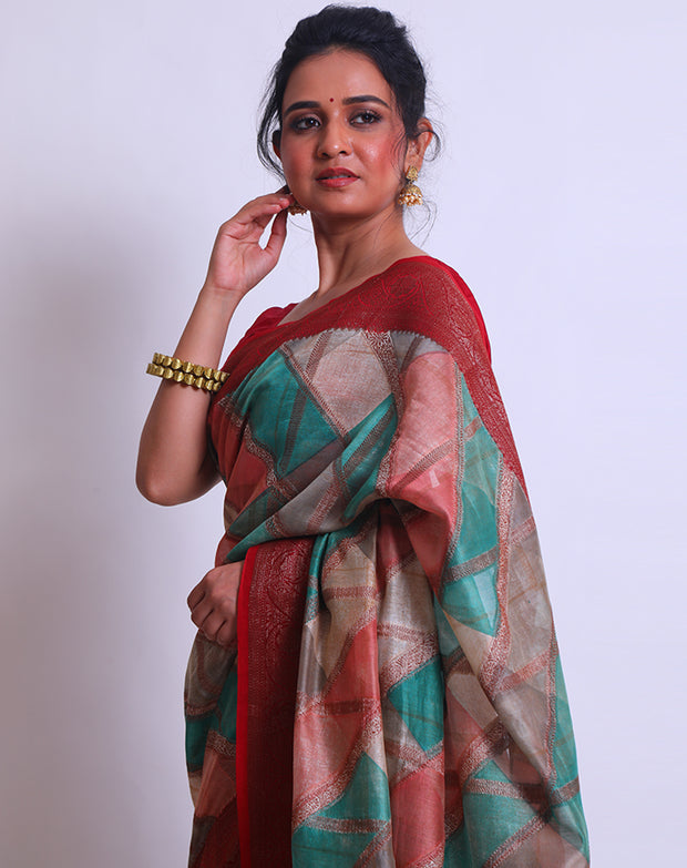 The multi-color Banarsi Cotton saree with a maroon border and pallu adorned with antique zari - FCT011157