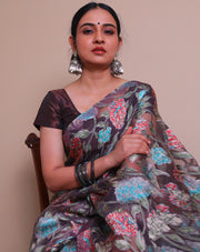 The brown blended saree with brasso print and stone embroidery on the border, - BLN01339