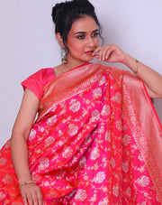 The Rani Banarasi handloom silk saree sounds exquisite with its gold zari design border - BSK010801